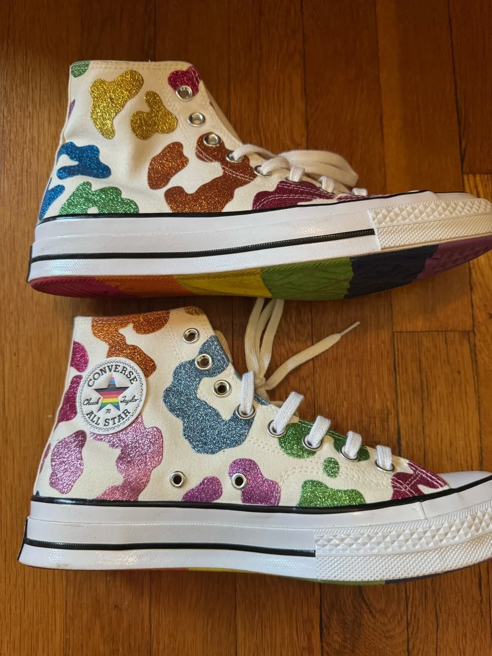 Converse White Canvas Hi Tops with Rainbow Glitter Leopard Print